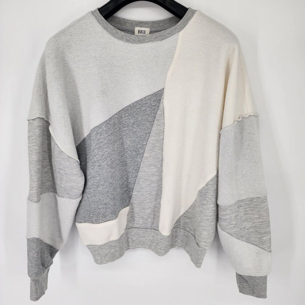 BKE Reverse Pieced Pullover‎ Sweatshirt Women's Small White and Gray Long Sleeve